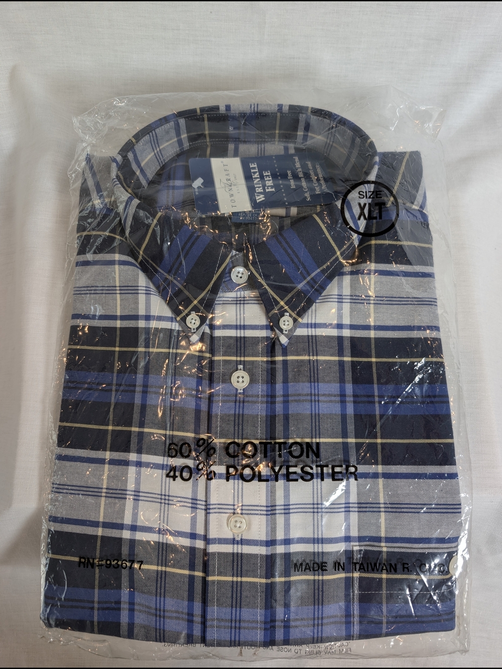 NIP Towncraft Men’s XL Tall XLT Navy Plaid Wrinkle Free Oxford Shirt